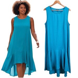 For Cynthia High Low Linen Blend Dress Large Drop Waist Teal Sleeveless Shift